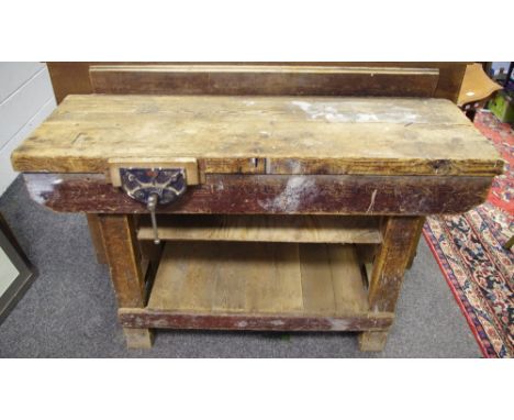 A pine work bench fitted with wooden No.192 vice 84cm high x 137cm long x 46cm wide