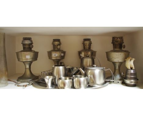 An Aladdin oil lamp; others; an Old Hall stainless steel tea service on tray, toast rack, sauce boat; qty