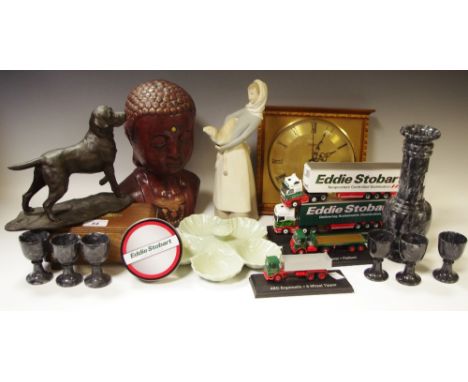 A Lladro model of a girl with a lamb; a resin model of a Labrador; a soapstone liqueur set; model Stobarts lorries; a musical