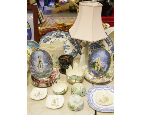 A Denby tube lined tobacco jar and cover, with metal frog; a Spanish porcelain figural table lamp; a studio pottery vase, sim