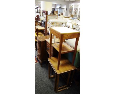 A 19th century mahogany pot cupboard; an elm spindle back kitchen chair, circa 1900; a walnut veneered three drawer bedside c