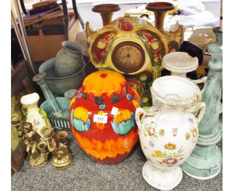 Ceramics - a Poole ginger jar; pair of table lamps; clock garniture; Nikon camera, etc