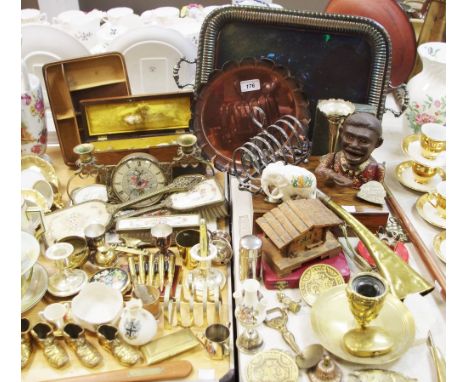 Boxes &amp; Objects - Victorian glove box; cast iron money box; copper hunting horn; 19th century chamber stick; brassware;et