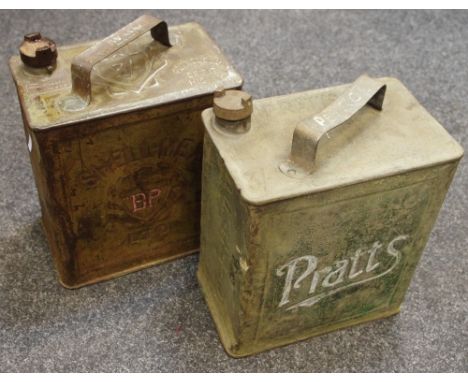 A Pratt 2 gallon petrol tin; another, BP Shell Mex