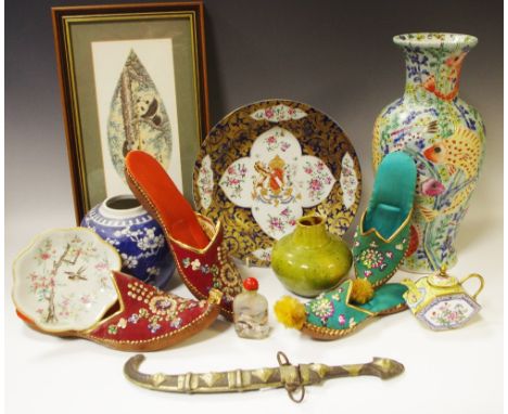 Oriental Objects - a modern Chinese vase decorated with carp; Eastern shoes; enamel miniature teapot; dagger; snuff bottle; 1
