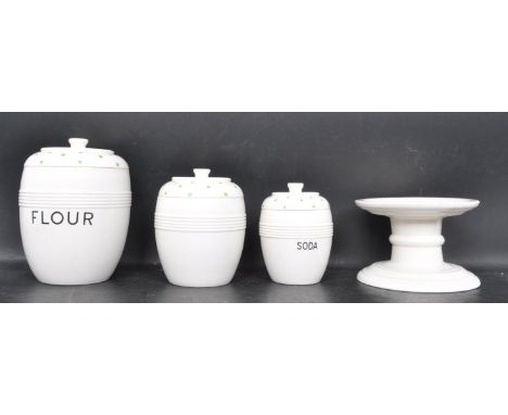 A collection of vintage 1930s Art Deco ceramic kitchenalia to include a Kirkham pottery three jar set, two being labelled for