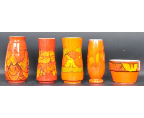 Poole Pottery - Delphis - A collection of five vintage 20th century ceramic vases having glazed polychrome decoration with ma