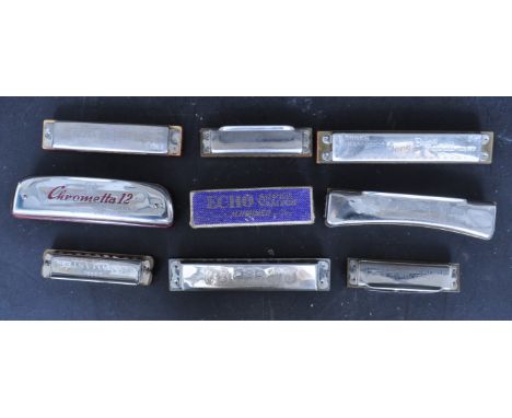 A collection of vintage 20th century Harmonicas comprising of a Chrometta 12, Song Band, Star Harmonica, Blues Harp and more.