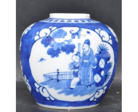 A 19th century Chinese oriental ceramic porcelain ginger jar. The jar being hand painted with two panels depicting narrative 