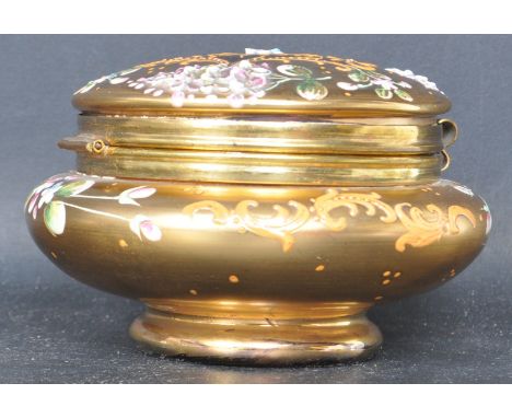 An early 20th century cranberry glass gilt chinoiserie lidded bowl / powder bowl together with a matching perfume bottle. The