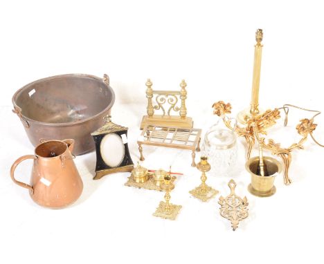 A large collection of vintage 20th century brassware comprising of candlestick shaped lamp, pestle and mortar, trivet, door s