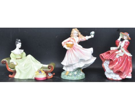 A group of 20th century Royal Doulton ceramic porcelain figurines to include “ At Ease “ HN 2473, “ Top o’ the hill “ HN 1834