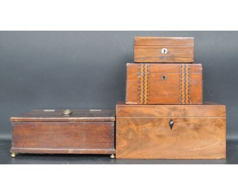 A collection of four 19th century and later boxes comprising of a mahogany tea caddy, a 19th century Tunbridge inlaid tea cad