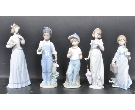 A collection of five vintage retro Spanish Lladro ceramic porcelain figurines to include: Gardening Buddies 6472, Summer Stro