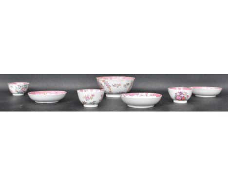 A collection of 18th century Chinese Oriental ceramic export ware china having pink borders with polychrome floral decoration