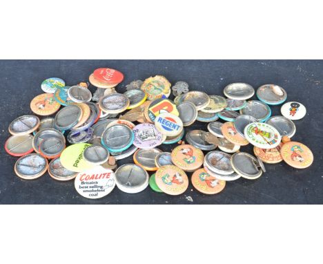 A collection of vintage 20th century badges including Jaffa, Murraymints, Coca Cola, Wills, Bisto, Down with pants, Go Naked,