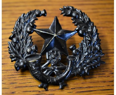 Cameronians (Scottish Rifles) WWII Officers Glengarry Badge (Blackened-brass), two lugs. K&amp;K: 631
