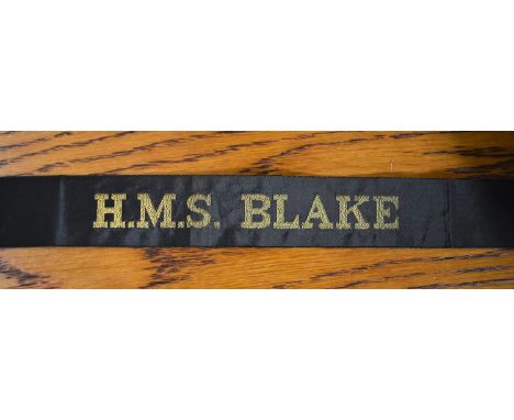 Post WWII H.M.S. BLAKE British Naval Cap Tally:- H.M.S. Blake was a light cruiser of the Tiger class of the British Royal Nav