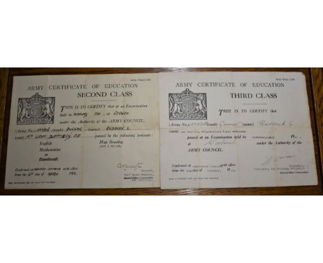 British Inter-war Army Certificates of Education for Exams held at Norwich, Third and Second Class to 1073208 Gunner, L. Rudd
