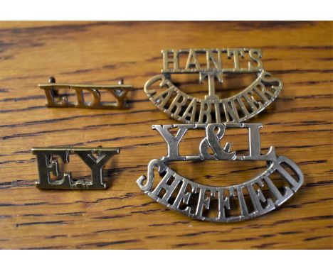 Shoulder Titles (5) including:- 'LDY' (Leicestershire &amp; Derbyshire W240), E.Y (Essex Yeomanry W350),  Yorks and Lancs (Sh