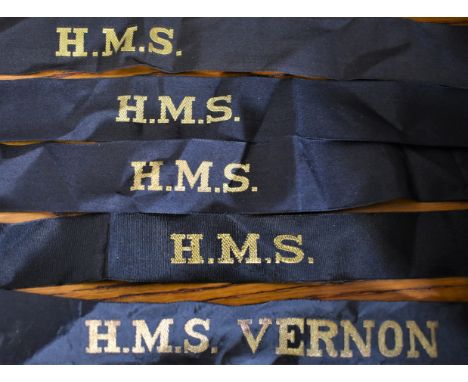 British Naval Cap Tallies including: H.M.S.&nbsp;Vernon (Shore Establishment) and (3) H.M.S. Cap Tallies (Used in WWII and la
