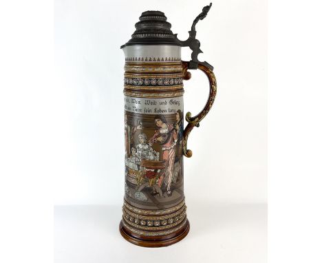 METTLACH #1577, GERMAN BEER STEIN, RENAISSANCE DINING SCENE4.5 LMINT