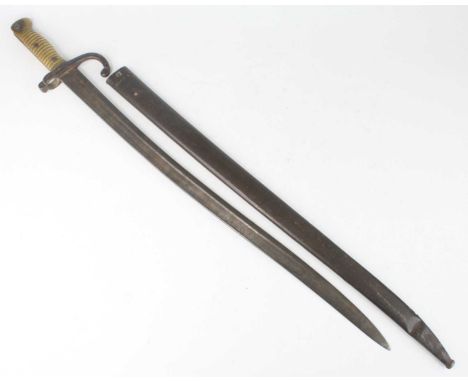 A French model 1866 chassepot bayonet, having a 57cm fullered yataghan shaped steel blade, the hooked quillon stamped H 32879