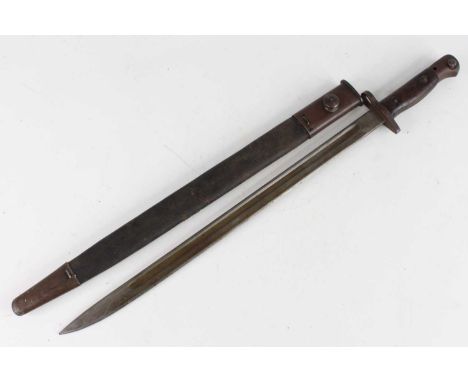 A British 1907 pattern bayonet, the 43cm single edged fullered blade marked to the ricasso with a crown over GR 2 18 Sanderso