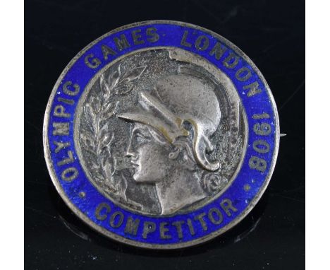 A London 1908 Olympic Games competitors medal in white metal and blue enamel, the pin back numbered 1436 and stamped Vaughton