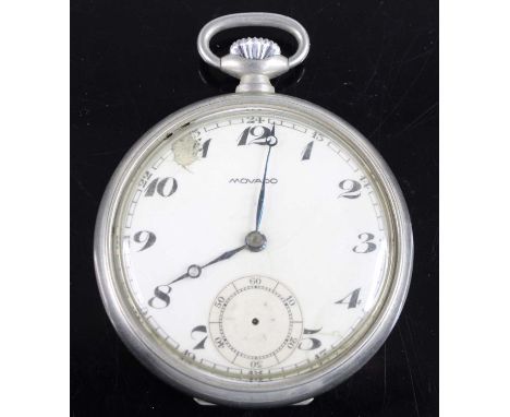 A WW II Movado Air Ministry nickel cased open face pocket, having a white enamel dial with Arabic numerals and subsidiary sec