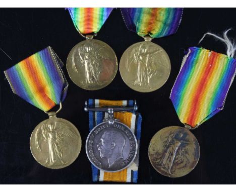 A collection of four WW I Victory medals, naming 25172. PTE. F. TONER. HIGH. LI., 15191 PTE. W. AINSCOUGH. L.N. LAN. R., 2420