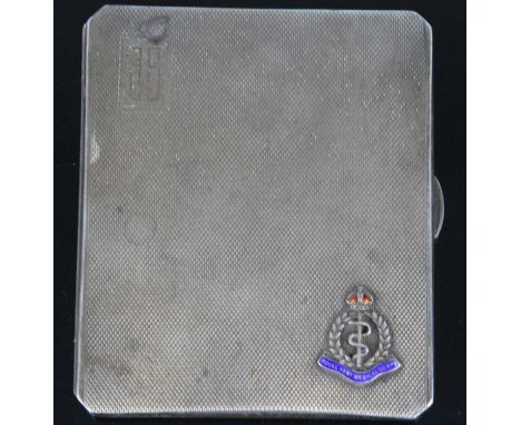 A George VI silver pocket cigarette case, the engine turned lid with enamelled Royal Army Medical Corps crest, maker Clark &a