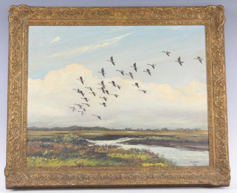 Hugh Monahan, (Irish 1914-1970), Pinkfeet - mid-day, oil on canvas, signed lower right and dated 1949, with Rowland Ward's Sp