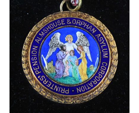 A silver gilt and enamel jewel for the Printer's Pension Almshouse &amp; Orphan Asylum Corporation, with presentation inscrip