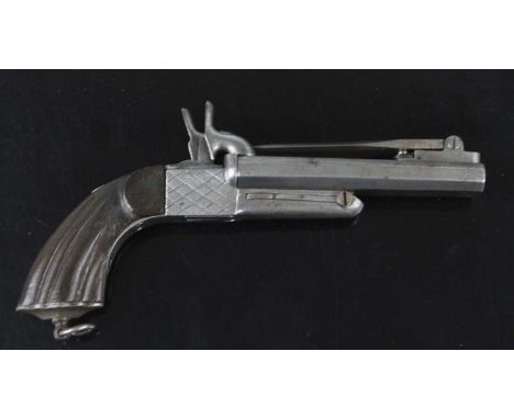 Mid-19th century Belgian 12mm double barrel side-by-side pin-fire pistol the 12cm, octagonal barrels mounted with a folding b