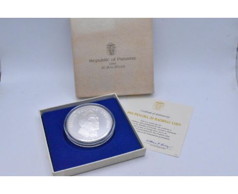 Republic of Panama - Silver 20 Balboas, 1974, depicting the portrait of Simon Bolivar 1783-1830, together with box and CAO, 