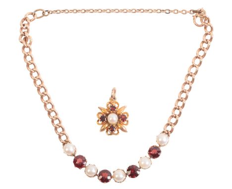 AN ANTIQUE PEARL AND GARNET BRACELETin 9ct gold, set with alternating round cut garnets and split pearls to a series of curb 