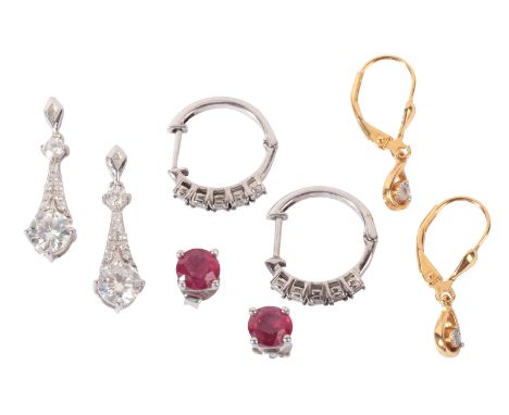 A COLLECTION OF EARRINGSincluding a pair of glass-filled ruby stud earrings in sterling silver, a pair of CZ drop earrings in