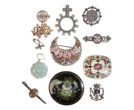 A COLLECTION OF COSTUME JEWELLERYincluding a crescent brooch, together with a floral enamel brooch, a painted floral wood bro