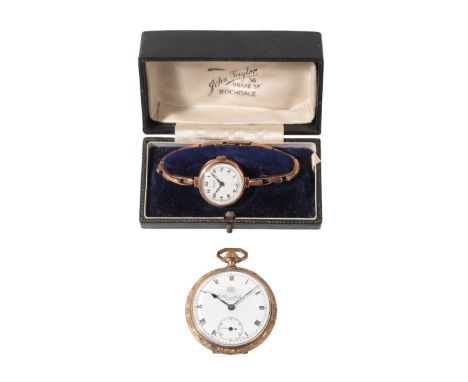 A LADY'S 9CT GOLD WRISTWATCHwith manual wind movement, the white enamel dial with black Arabic numerals and dark blue steel h