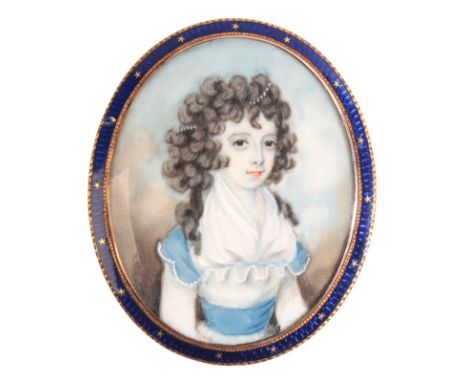 AN ANTIQUE GEORGIAN PORTRAIT MINIATURE in 9ct rose gold, painted to depict a girl, blue enamelled border, no assay marks, c.5