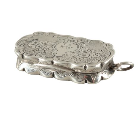 A VICTORIAN SILVER VINAIGRETTEby Frederick William Bauer, Birmingham 1891, the shaped oval body engraved with leaf scrolls, 4