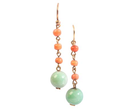 A PAIR OF CORAL AND JADE DROP EARRINGSin 9ct gold, each comprising a drop set with coral beads, terminated by a jadeite jade 