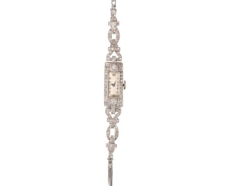 A LADY'S 18CT WHITE GOLD AND DIAMOND COCKTAIL WATCHwith manual wind movement, the rectangular white dial with black Arabic nu
