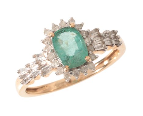 AN EMERALD AND DIAMOND RINGin 9ct gold, set with an oval cut emerald of c.0.73 carats, in a cluster of round brilliant cut di