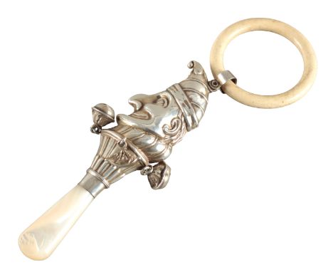 A GEORGE V SILVER 'MR PUNCH' BABY'S RATTLE by Crisford &amp; Norris, Birmingham 1926, with Bakelite teething ring, the hollow