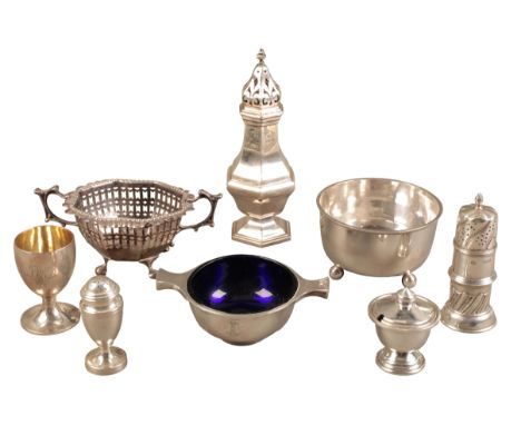 A COLLECTION OF 19TH AND 20TH CENTURY SILVERincluding a quaich with blue liner, Chester 1899, a pierced silver basket, Sheffi