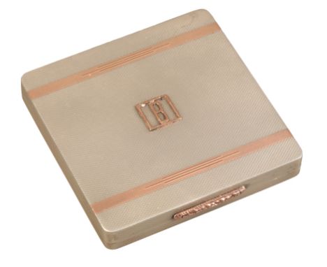 A GEORGE VI SILVER POWDER COMPACT OF ART DECO STYLE by Asprey &amp; Co, Birmingham 1950, with engine turned body, the cover s