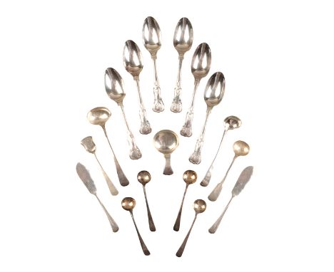 A GEORGE III SILVER CADDY SPOONby IT, possibly John Thornton, Birmingham 1802, with circular bowl; together with eight variou