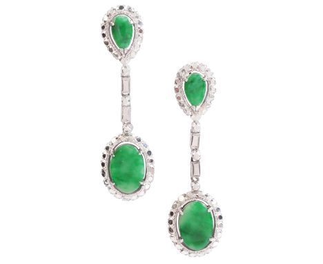 A PAIR OF JADE DROP EARRINGSin white gold, each set with a pear shape jade cabochon, articulated to an oval shape jade caboch